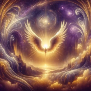 Mystisches Bild in Gold- und Violetttönen symbolisiert Traumflügel für Meditation und Traumreisen