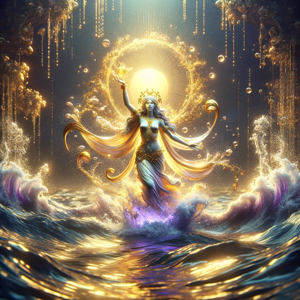 Fotorealistische Darstellung der Fruchtbarkeitsgöttin, die aus dem Meer in Gold- und Violetttönen aufsteigt, ein Symbol für Wachstum und Fülle.